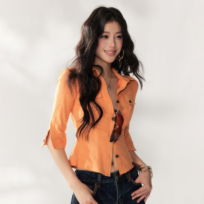 4Muggle【Sun Yi's Style】Suede Shirt with a Casual Feel, Half-Sleeve Workwear with Shoulder Pads, Trendy Top