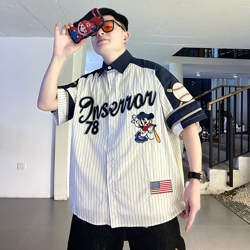Cartoon Mickey Embroidered Patchwork Striped Short-Sleeved Shirt for Men and Women, Summer American College Style Couple Baseball Shirt Cartoon Mickey Embroidered Patchwork Striped Short-Sleeved Shirt for Men and Women, Summer American College Style Couple Baseball Shirt