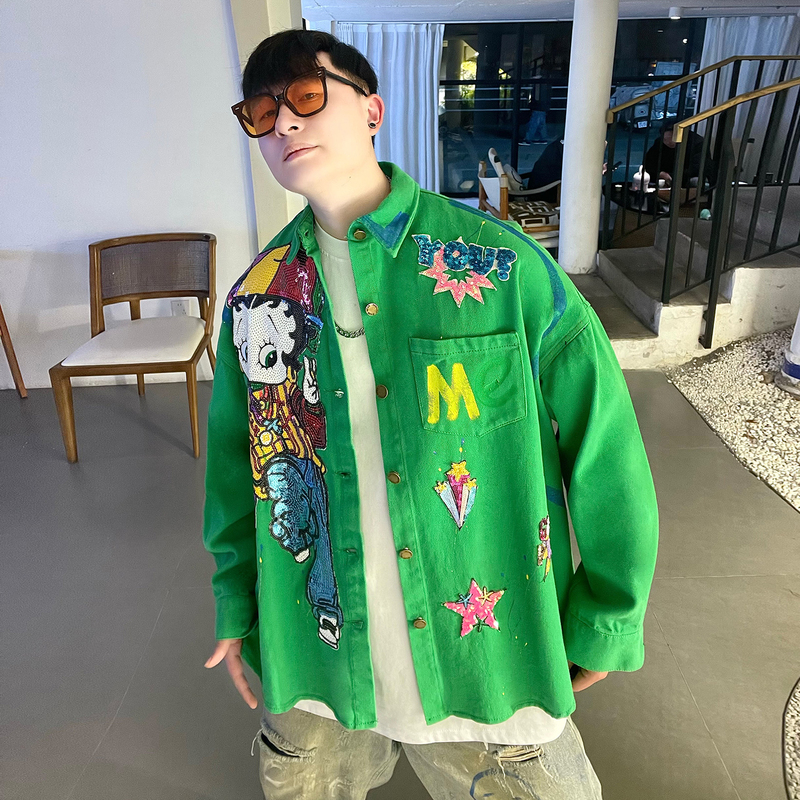 Miss Betty Graffiti Sequin Denim Shirt Unisex Long Sleeve Loose Niche Design Couple ins Shirt Trendy