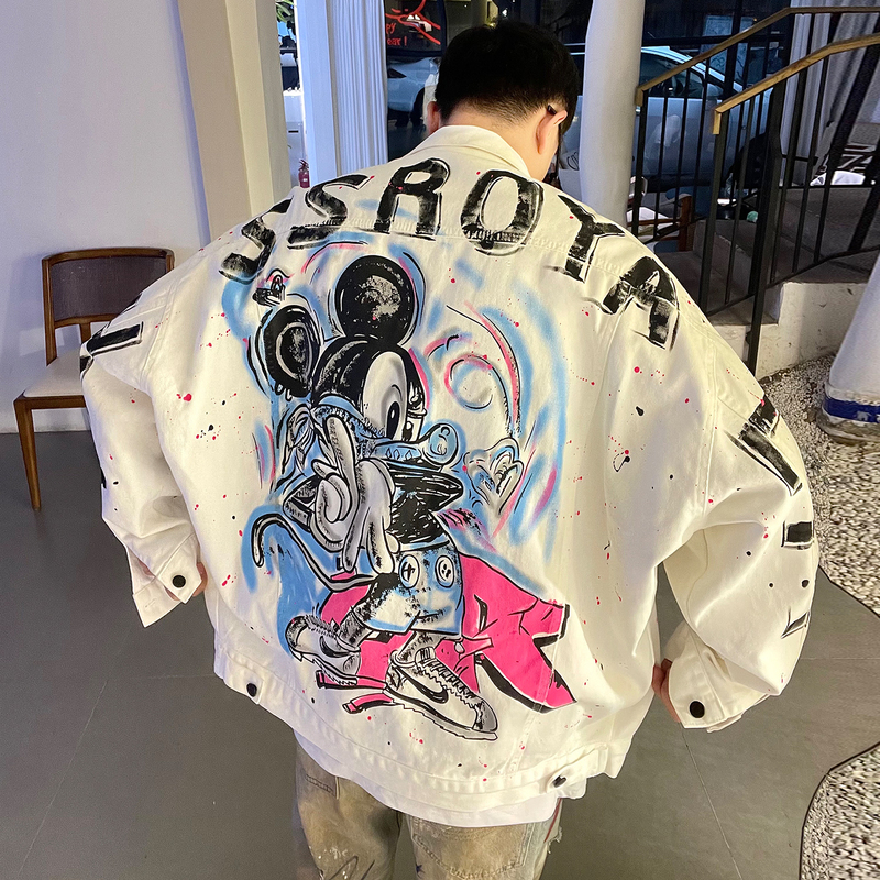 Mickey Painted Graffiti Print Denim Jacket for Men and Women, Spring and Autumn Trendy Brand, American Retro Loose-Fitting Niche Couple Jacket