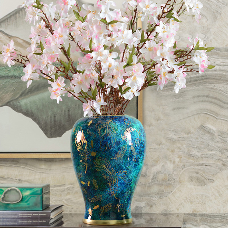 Chinese style TV cabinet Living room table swing pieces Dry flower emulated flower with vase green flower porcelain ceramic European style retro flower arrangement