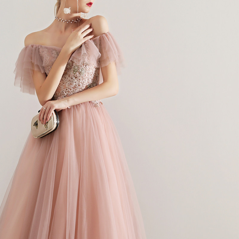 Oli's Home Bride Toast Dress Female 2022 Wedding Bridesmaid Long Dress Dinner Annual Meeting Hosted by Western Style Fairy Powder Small