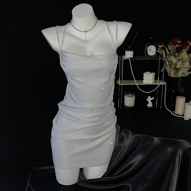 【Peach Heart】Backless Spaghetti Strap Glitter Dress, Sexy Bodycon Tube Top Dress for Women, Glitter Will Fall Off