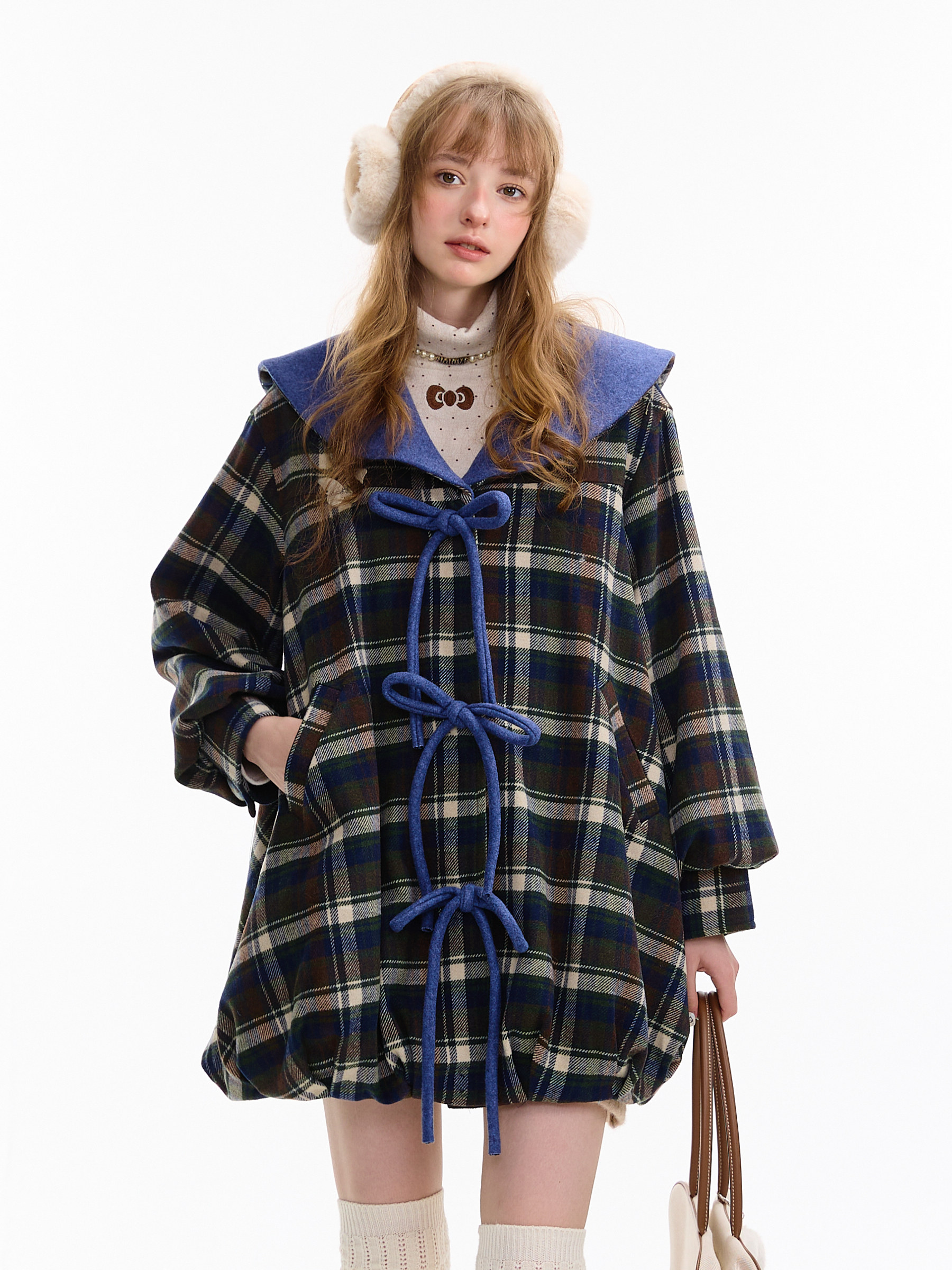 ziziFei 秋冬 タータンチェック柄 ミディ丈 ウールコート ダークブルー