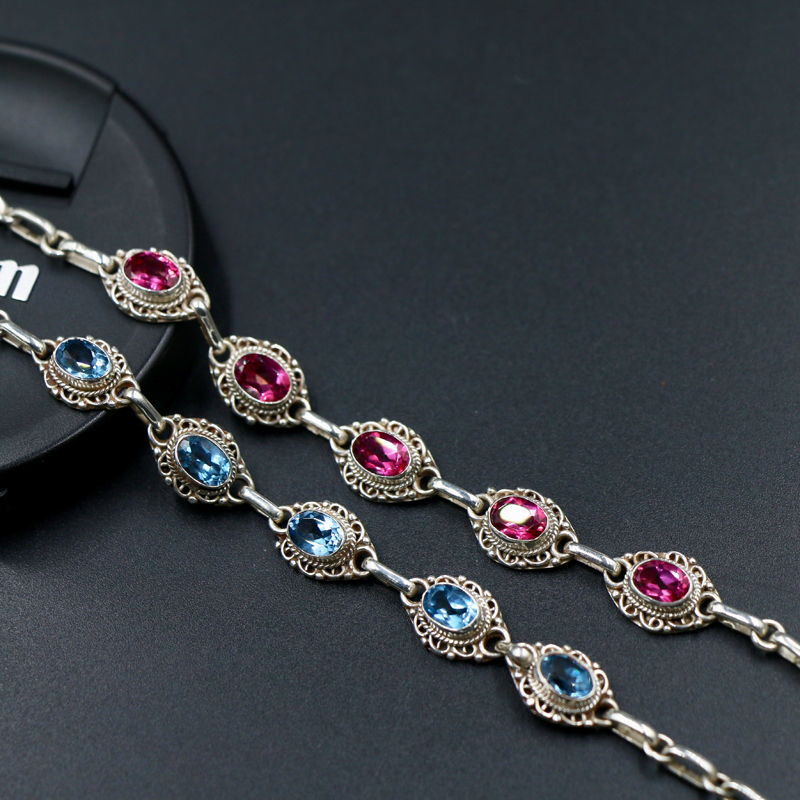Nepalese Handmade 925 Silver Jewelry Inlaid with Blue and Pink Topaz Bracelet for Women, Creative Retro Bracelet, Ethnic Style