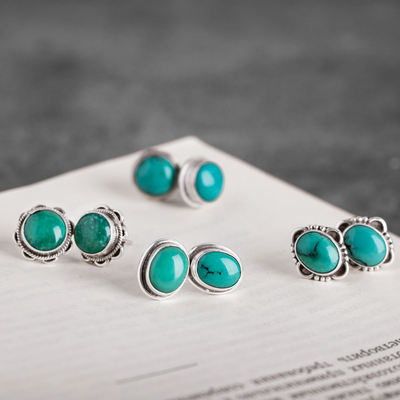 Nepalese handcrafted S925 silver jewelry, optimized turquoise ear studs, women's Tibetan style, individual creativity, retro ethnic style