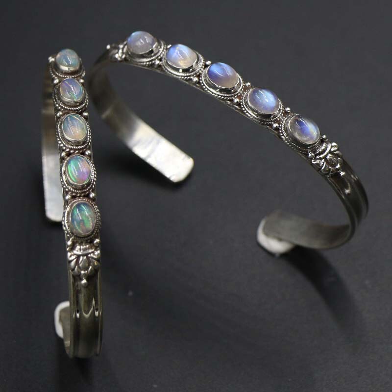 Nepalese Handmade Real Silver Jewelry Opal Blue Moonstone Bracelet Ring Open Vintage Creative Personality Ethnic Trend
