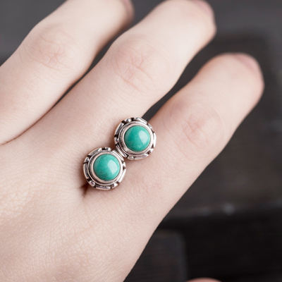 Nepalese handcrafted 925 silver optimized turquoise stud earrings, women's earrings and pendants, Tibetan creative retro ethnic style