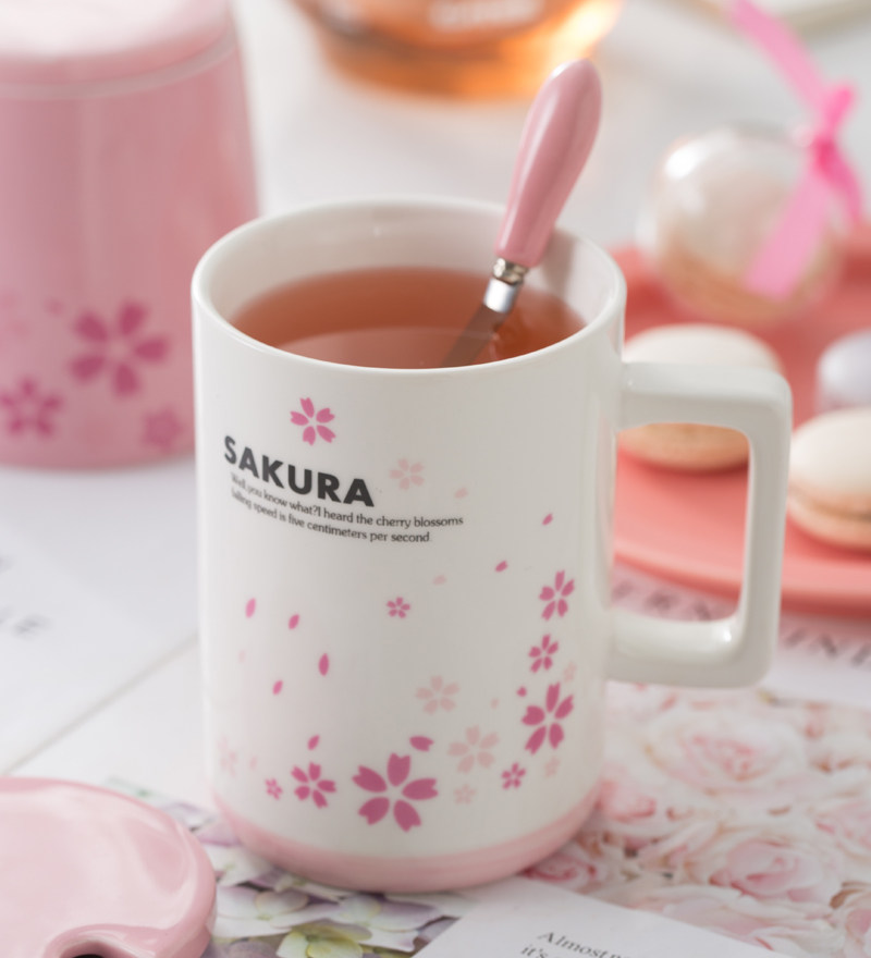 Multi-beauty Japan-style cherry blossom ceramic cup Coffee cup Milk Glass Mark Cup with lid and spoon Girls drink water cup
