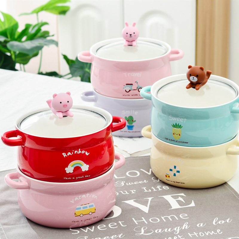 Multi-beauty Han style Cute Cartoon Ceramic Bubble Noodles Bowl Drive things mobile phone frame Student Dormitory Home Noodle Bowl with lid