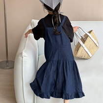 Girls denim suspender skirt 2024 summer new style childrens denim skirt medium and large childrens ruffle skirt dress