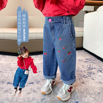 Female children spring and autumn pants 2021 New Children Baby Girl casual Cherry embroidery wide leg straight jeans