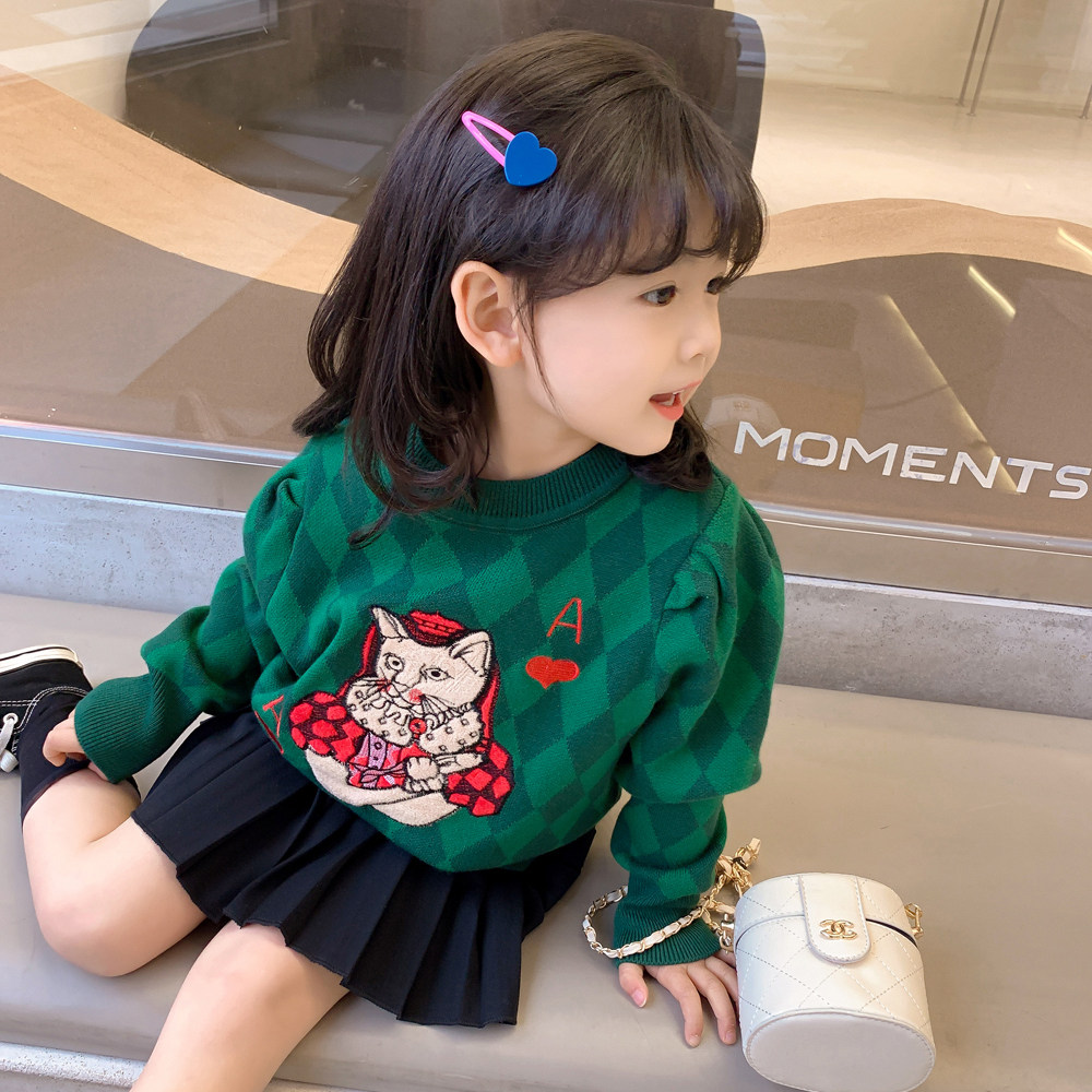 Girl's knitting shirt spring dress 2022 new Korean version Children's spring and autumn foreign comeback bubble sleeves cartoon round neckline sweater