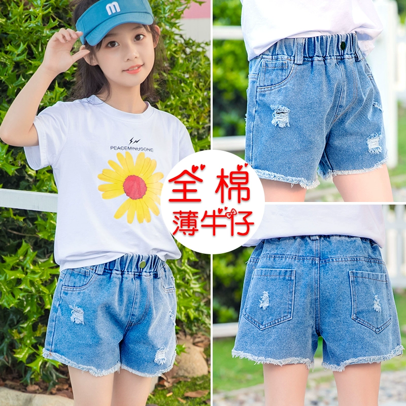 Quần sooc denim cho bé gái, mẫu mỏng mùa hè, trẻ em lớn, phong cách phương tây, thời trang trẻ em 2020 mặc ngoài phù hợp với bộ đồ trẻ em - Quần jean