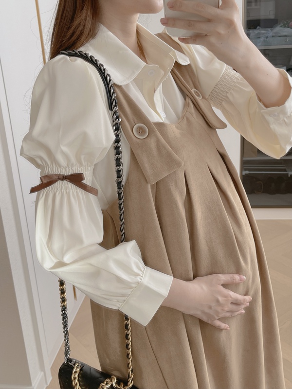 Maternity Dress for Outer Wear, Loose-Fitting Summer New Style Two-Piece Set with Suspenders, Long Shirt Above the Knee, Slimming and Belly-Covering for Summer