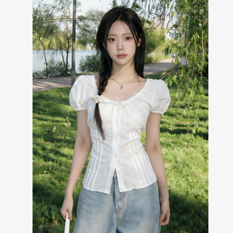Pig Ouni Korean Summer Sweet Round Neck Bow Tie Waist-Cinching Puff Short-Sleeve Shirt Pure Cotton Top for Women