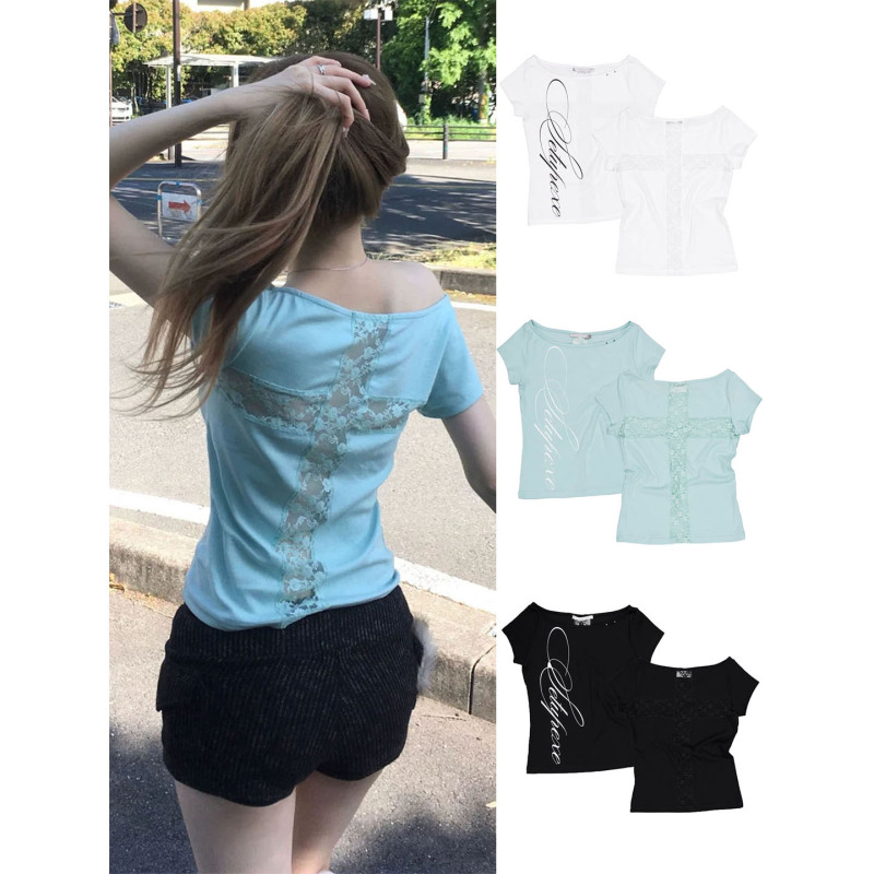 Pig Ouni Korean Summer Mint Green Off-Shoulder T-Shirt Niche Lace Hollow-Out Spicy Girl Short-Sleeve Top for Women