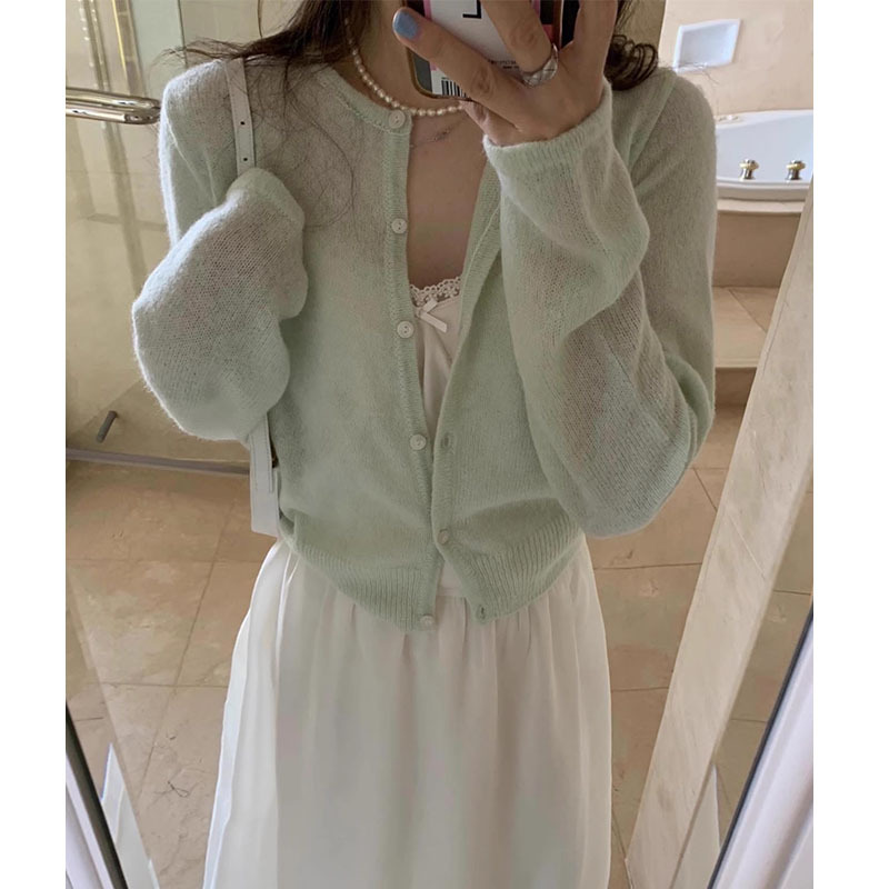 Pig Ouni Korea ins Spring Age-Reducing Honeydew Green Bow Embroidery Round Neck Lightweight Knitted Cardigan Jacket for Women