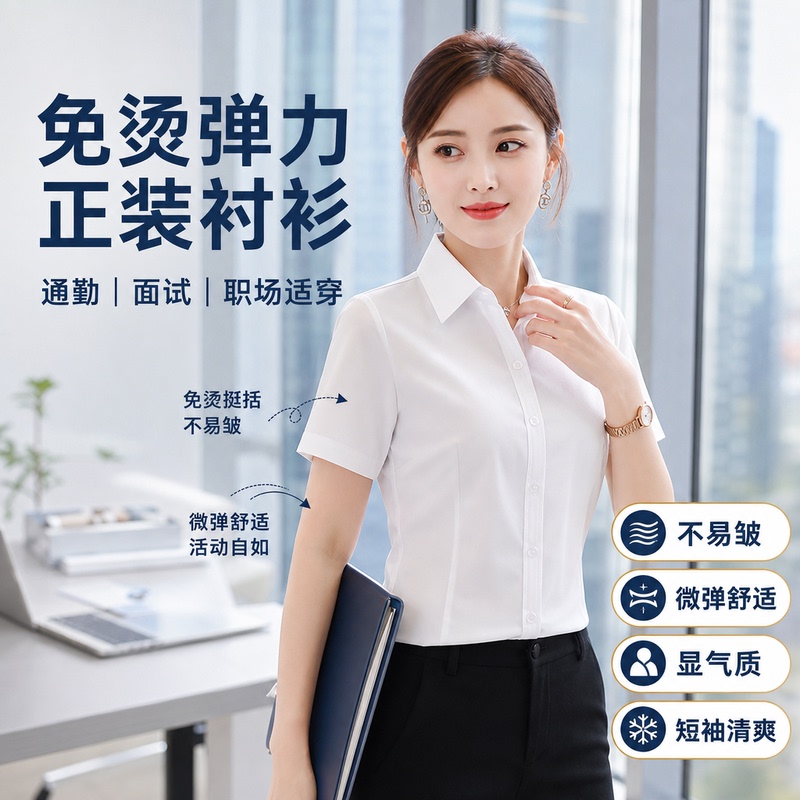 Interview Commute Summer Women's Shirt Short-Sleeved Workwear White Shirt Professional Work Uniform Hidden Button Elegant Bamboo Fiber Stretch Interview Commute Summer Women's Shirt Short-Sleeved Workwear White Shirt Professional Work Uniform Hidden Button Elegant Bamboo Fiber Stretch