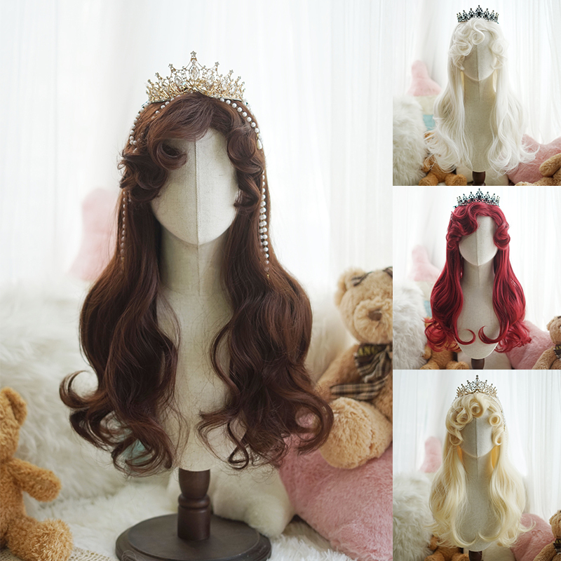 【Royal Tea】Lolita Wig Elegant Palace Style Gorgeous Side-Swept Small Curly Bangs Mermaid Red White Gold