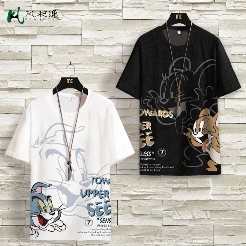 Tom and Jerry T-Shirt Men's Summer Short-Sleeved Cat and Mouse Print Trendy Brand T-Shirt Thin Half-Sleeved Large Size