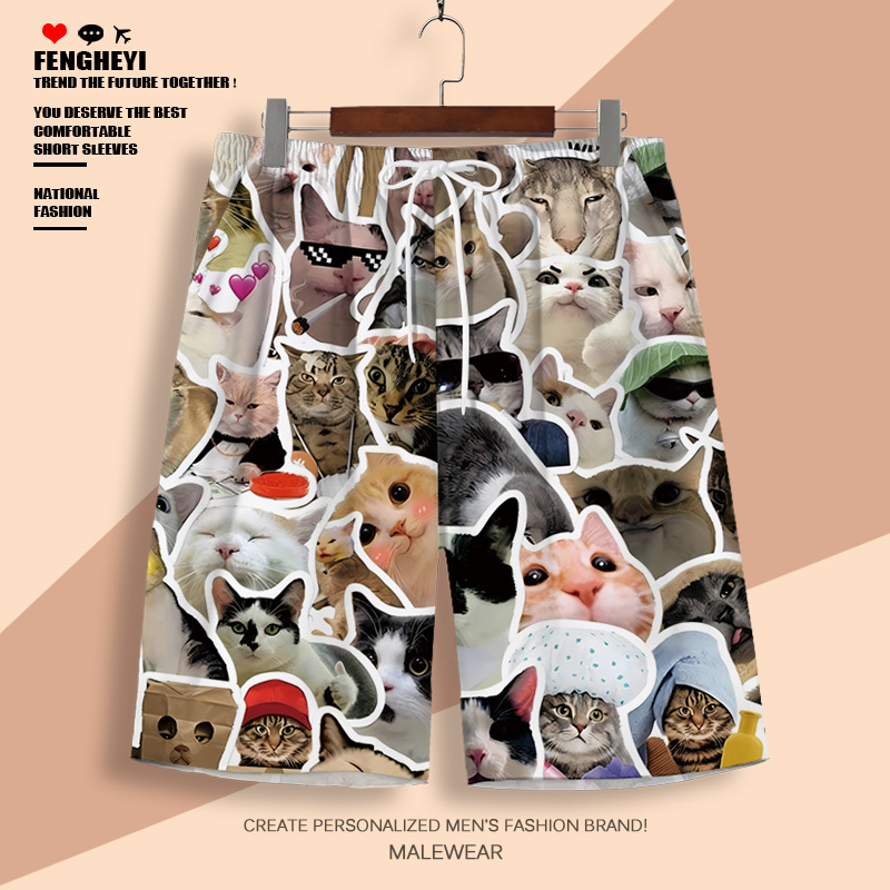 Cat Head Print Shorts Men's Sleepwear Casual Pants Funny Kitten Pattern Sports Pants Printed Beach Shorts Five-Point Pants