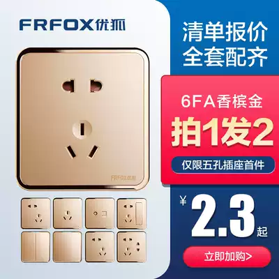 Youhu champagne gold five-hole socket package large plate type 86 concealed wall switch panel single and double cut switch socket