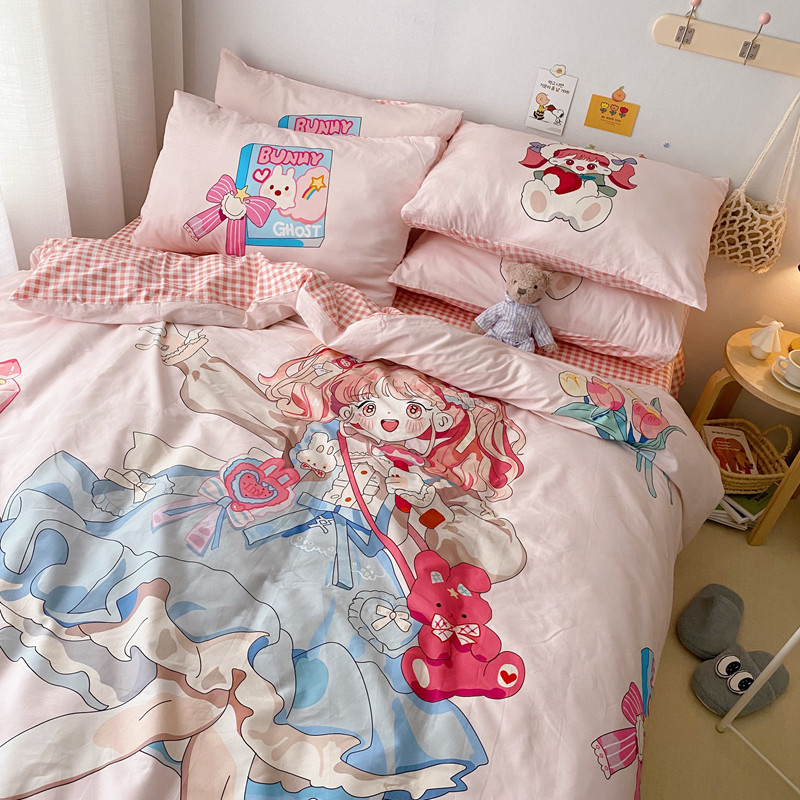 ins girl heart pure cotton four pieces type tennis red princess wind full cotton three sets of single student dormitory bed bedding