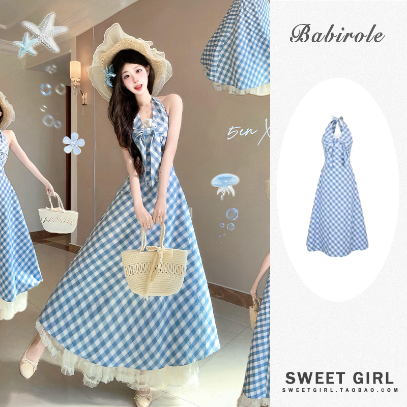 Korean-Style Blue and White Plaid Halter-Neck Lace Dress for Women, Summer Wear, Stylish Loose Long Dress