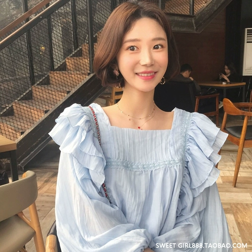 Милая рубашка, синий шифоновый лонгслив, осенняя, свободный крой