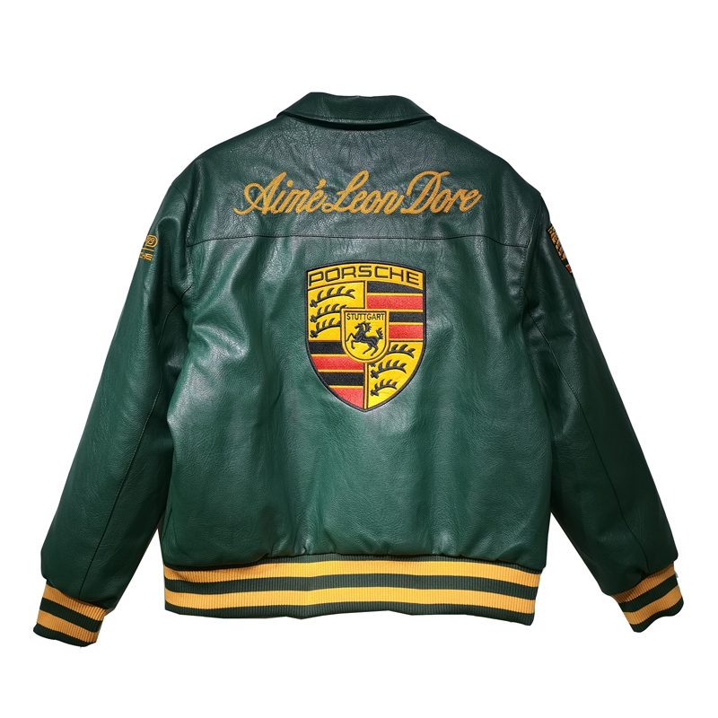 European and American Trendy Brand Porsche Racing Jacket Heavyweight Micro-Stamp Embroider Retro Leather Jacket Cotton Jacket Men's and Women's Tops