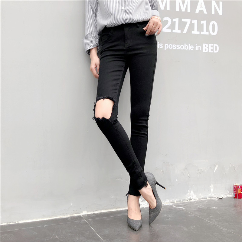 Với hàng vua mới 175 người đàn ông cao gầy Slim sexy chân dài quần đen lỗ quần jeans bút chì quần bò nữ ống rộng