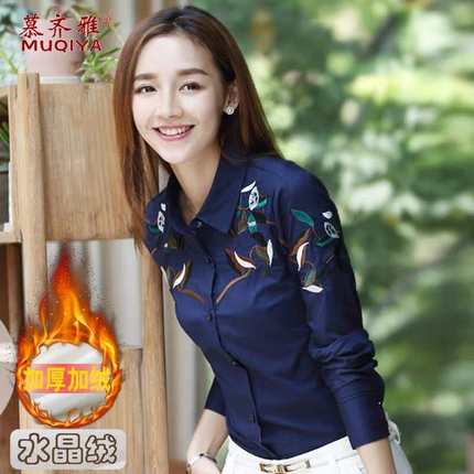 纯棉刺绣白衬衫女长袖2018春印花加绒加厚蓝