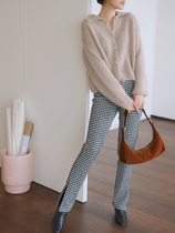 Maze Studios High Waist Black And White Plaid Feet Opening Fork Long Pants Retro Temperament Casual Long Pants