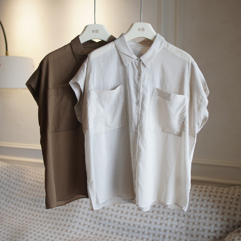 Japanese Style! Great Bargain! Imported Fine-Woven Cotton Sheer Cotton Double-Pocket Wide-Shoulder Sleeve Shirt for Women
