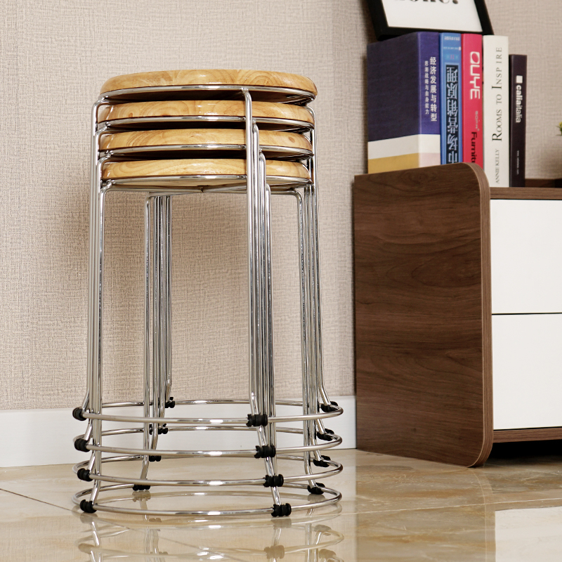 Thickened adult solid wood stool home dining table stool solid steel stool wrought iron storage ring stool wooden board black set stool