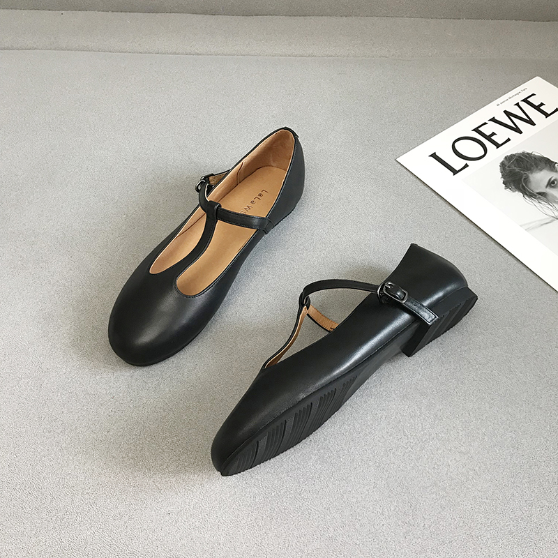 新品本革T字型Tストラップラウンドトゥ浅めフラットバレエシューズフレンチレトロメリージェーンおばあちゃんシューズ