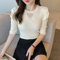 2022 Summer new short sleeves Undershirt Woman Inner Hitch Cardiovert Fleece hollowed-out t-shirt Blister Sleeves Short blouses