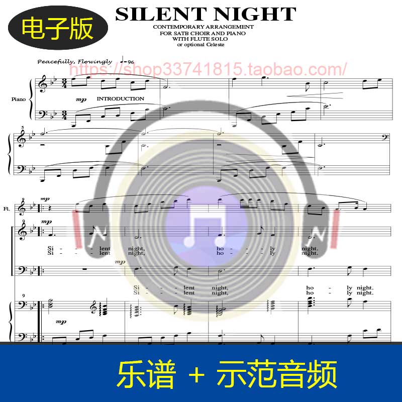 silent night Christmas Eve Christmas SASAB choral piano accompanied by flute solo general score with lyrics-Taobao