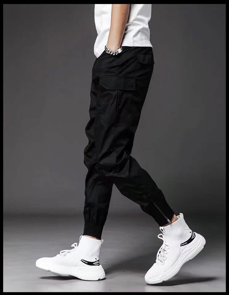 Chức năng Guochao overalls quần nam dây kéo lỏng quần chân chân quần nam Harlan cộng với quần nhung chân quan ao nam