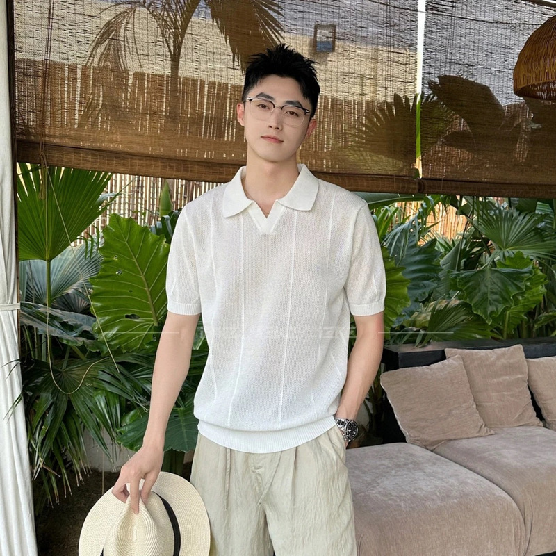 Italian-Style Old Money Cool Breathable Knit Polo Shirt Short-Sleeve T-Shirt Casual Seagull Collar Solid Color Tee for Men Summer