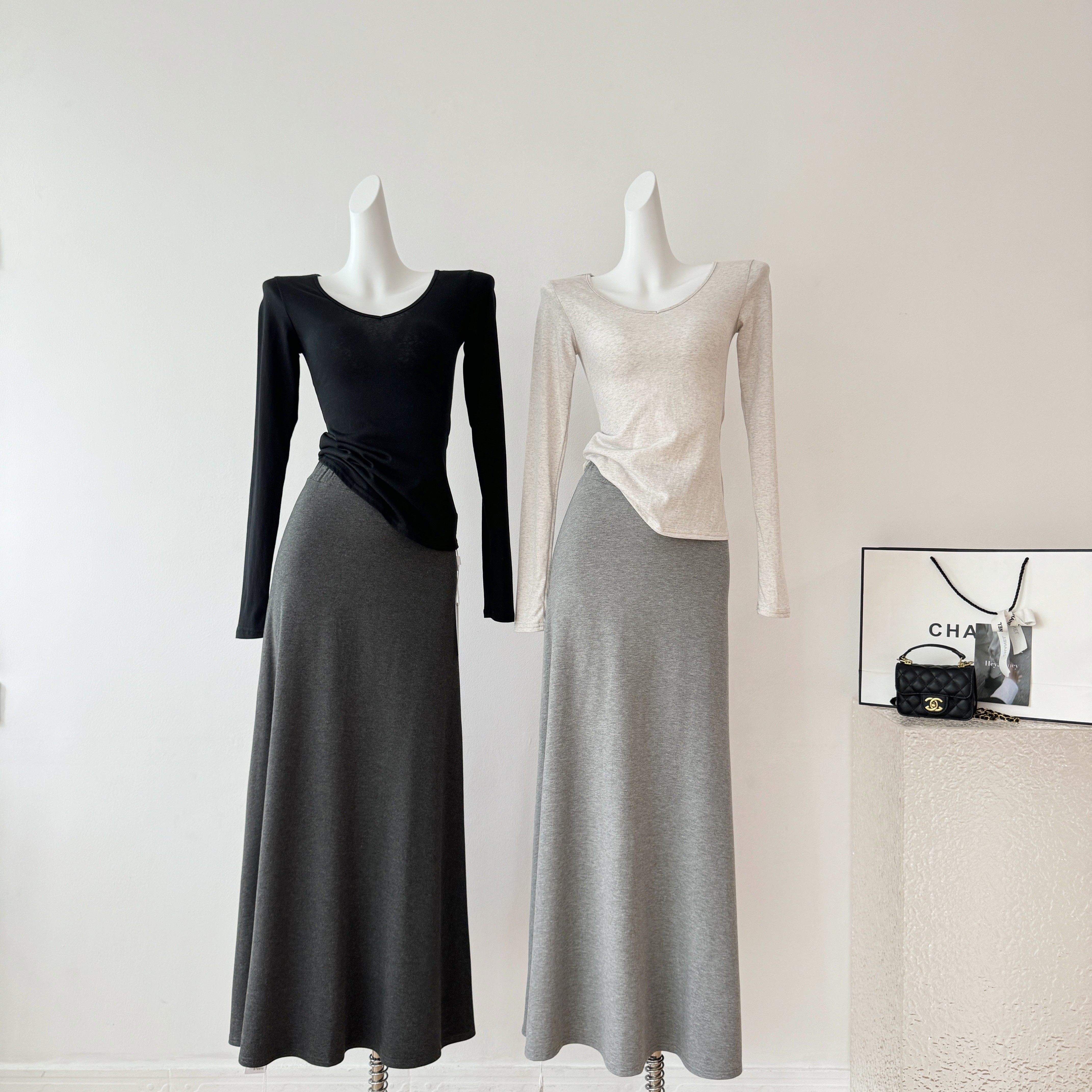 春夏向け グレー 高級 フローリング モーダルコットン ミディスカート Aライン ミディスカート ロング ボディコンスカート レディース