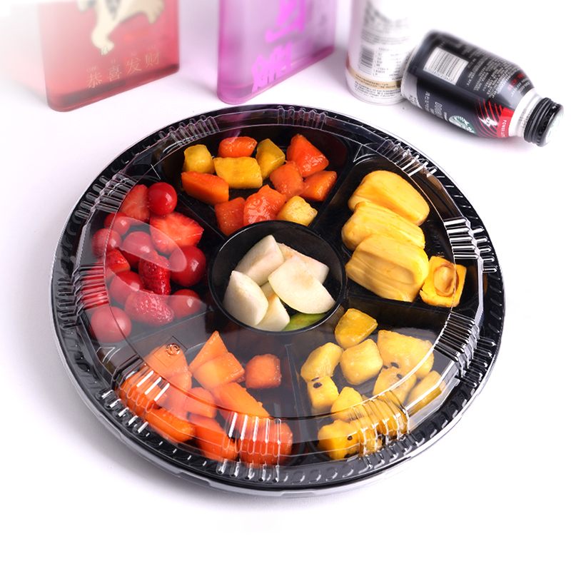 Disposable fruit box plastic compartment fruit cut preservation box platter graphics six grid salad packaging box with cover