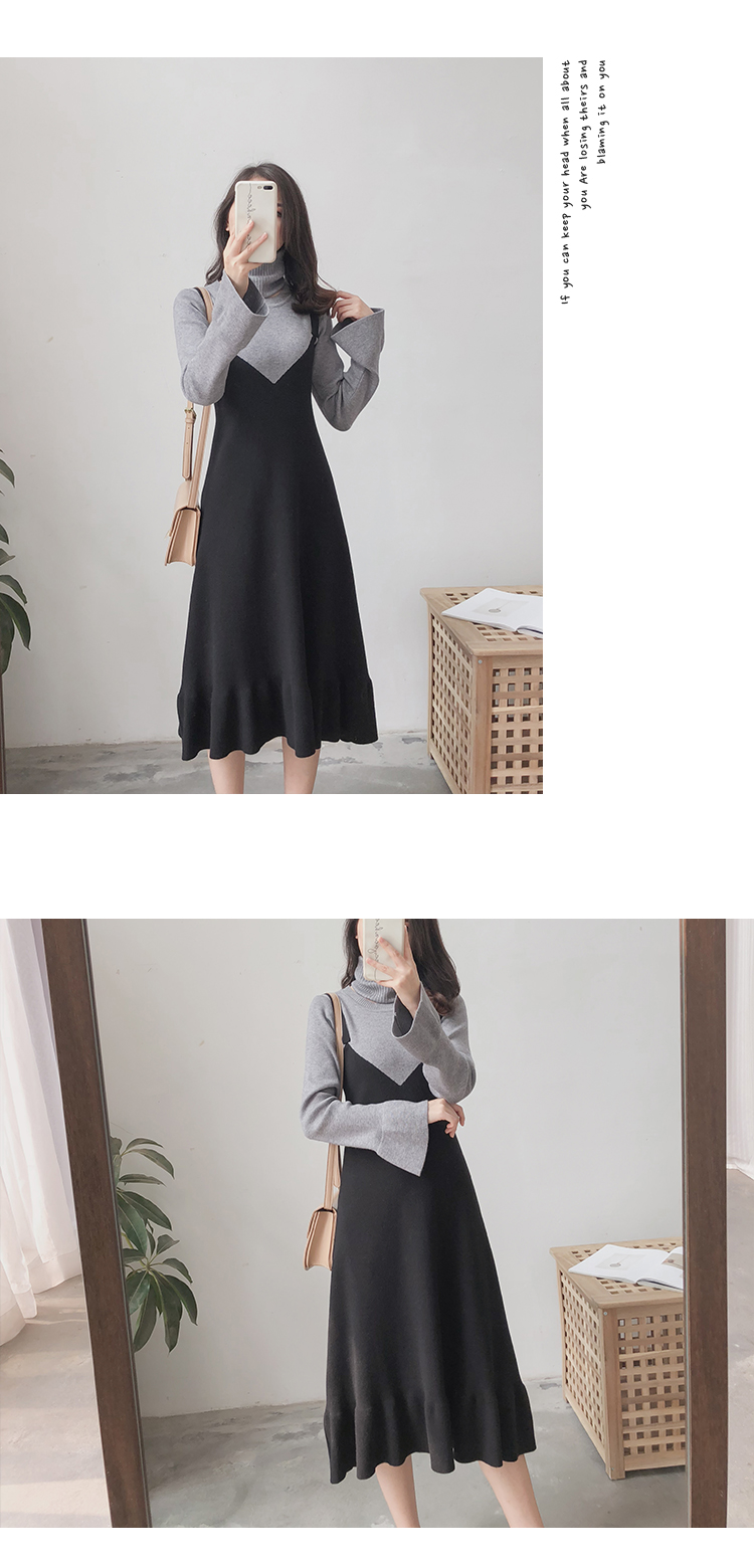 Váy retro kiểu Pháp qua đầu gối dài kiểu Yamamoto chờ đợi váy mùa thu và mùa đông với áo khoác bên trong một chiếc váy đan nữ váy đi biển cho người béo