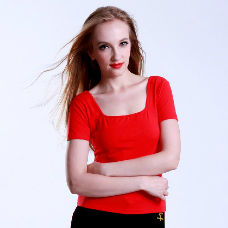 Red dance shoes 38077 thin cotton square collar half sleeves blouses practice yoga clothes T-shirt dance blouses Modern Square Dance