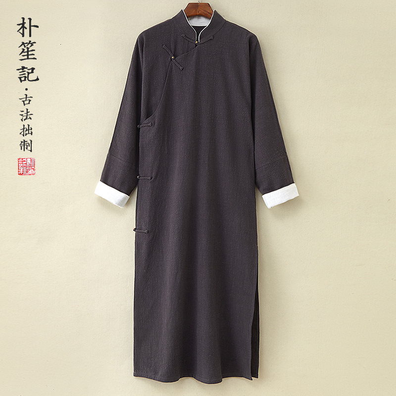 Canghai Xiao! Original Cotton and Linen Long Shirt for Men, Large Size Tang Suit, Chinese-Style Long Robe, Loose-Fitting Republic of China Coat, Zen Tea Clothing