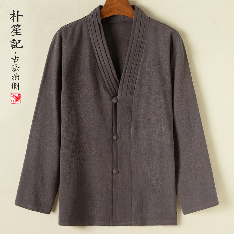 Original linen men laminated collar Han suit retro Chinese air duct jacket loose with large size Zen tea Guesheu Redress