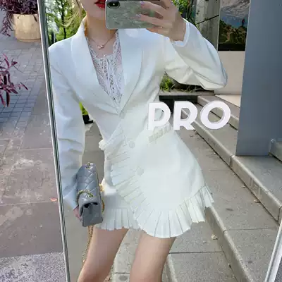 ByYou spring fashion white long-sleeved waist suit skirt women's new design sense pleated lace dress