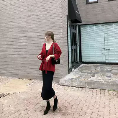 ByYou 2019 autumn red lazy wind sweater women's wild new waist strap knit cardigan coat tide