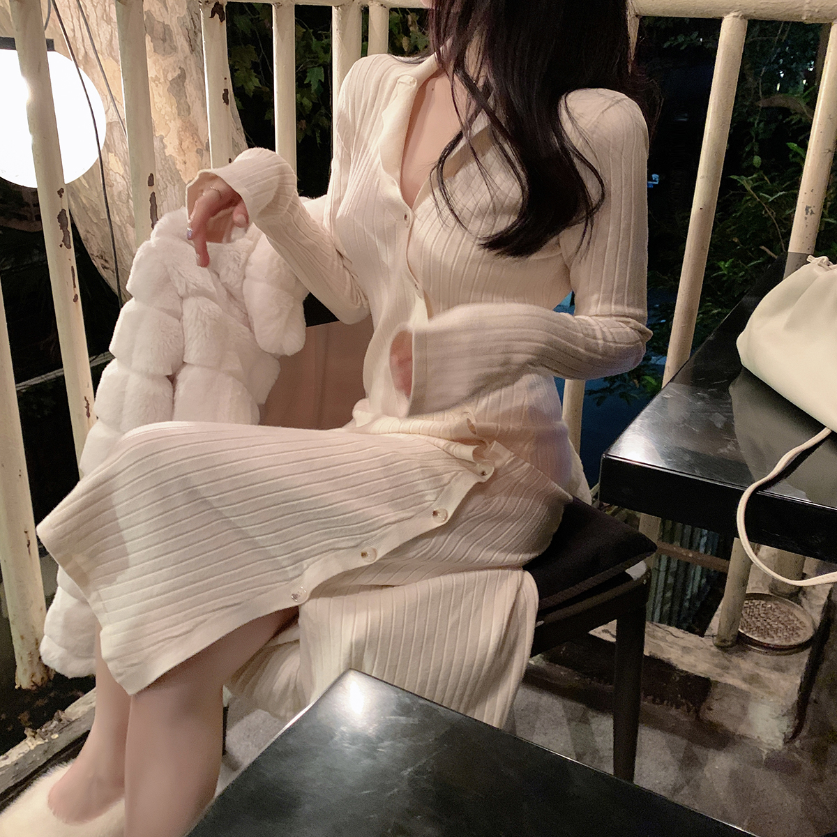 ByYou 2022 autumn and winter new long-sleeved cashmere knitted dress women's Korean version of the waist and thin mid-length skirt